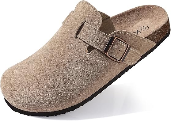 Lissy Women's Suede Clogs Leather Mules Cork Footbed Sandals Potato Shoes with Arch Support