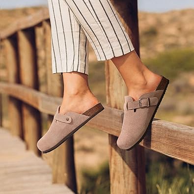 Lissy Women's Suede Clogs Leather Mules Cork Footbed Sandals Potato Shoes with Arch Support