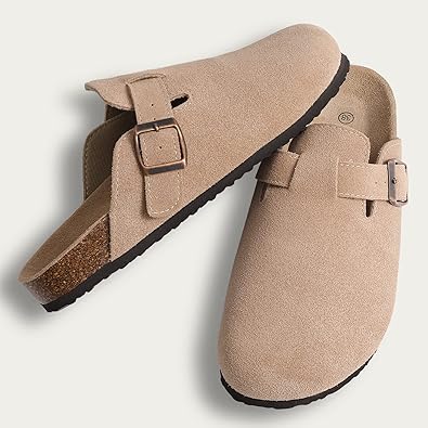 Lissy Women's Suede Clogs Leather Mules Cork Footbed Sandals Potato Shoes with Arch Support
